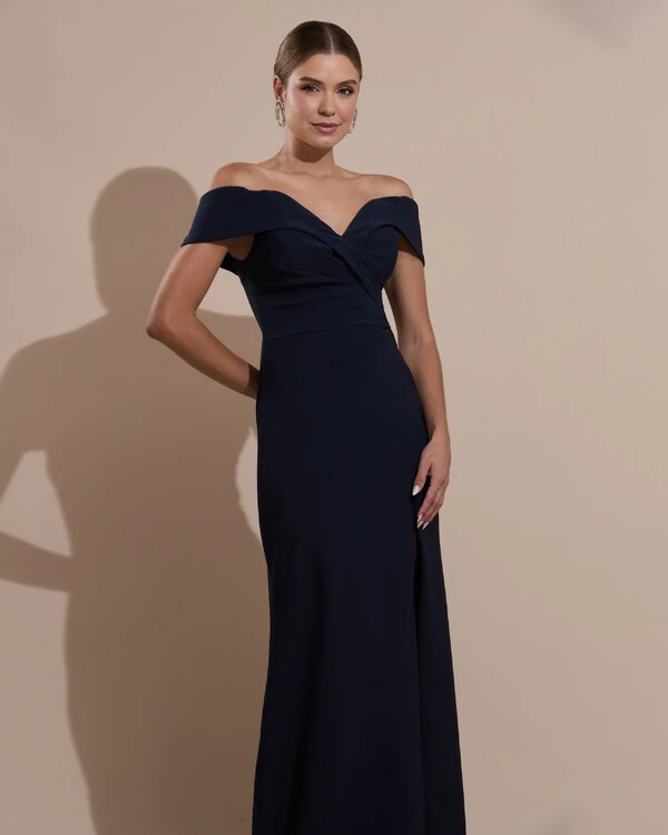 Vestido de Festa Longo Alfaiataria Ombro a Ombro com Fenda Azul Marinho Escuro