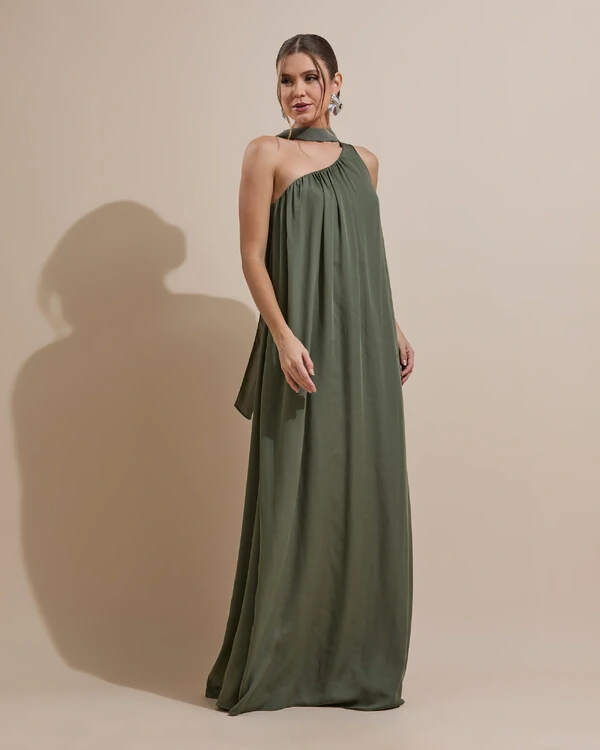 Vestido de Festa Longo Crepe Fluido um Ombro Só com Lenço Verde Oliva