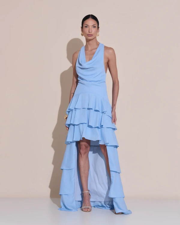 Vestido De Festa Longo Frente Única Degagê Crepe Chiffon Babados Mullet Serenity