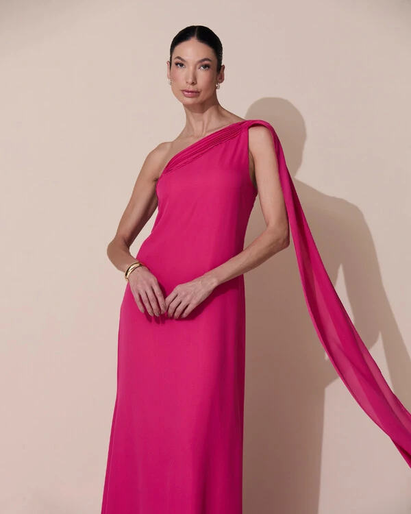 Vestido de Festa Longo Crepe Chiffon Um Ombro Só Drapeado Pink Escuro