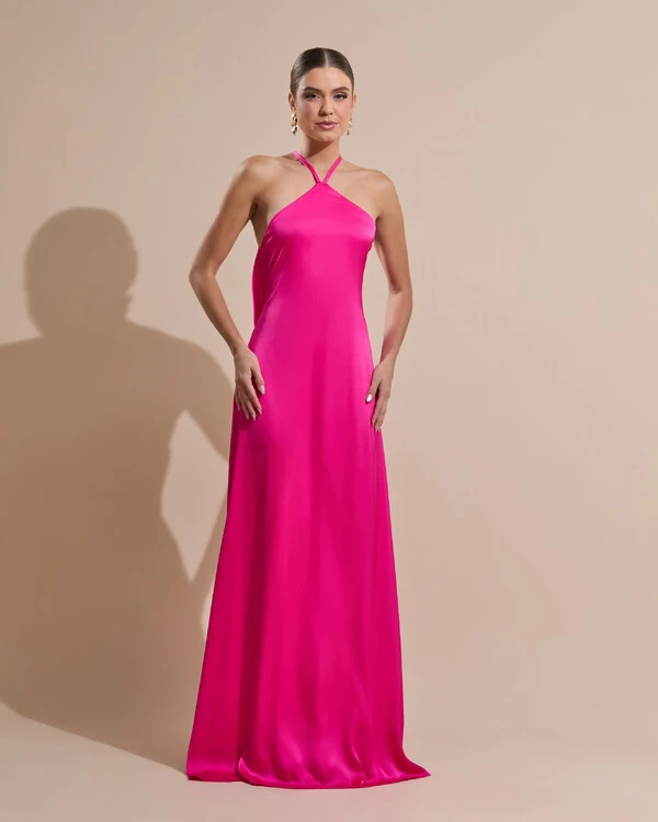 Vestido Longo de Cetim com Decote Triangular e Amarração nas Costas Degagê Pink