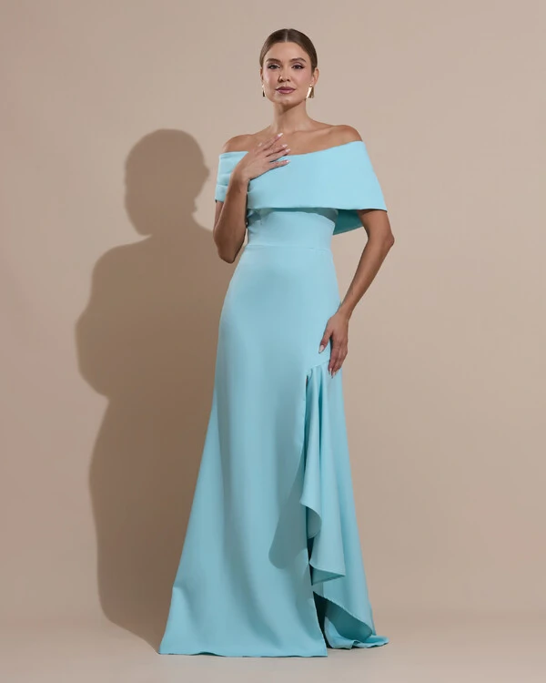 Vestido de Festa Longo Alfaiataria Ombro a Ombro com Babado Cascata Tiffany