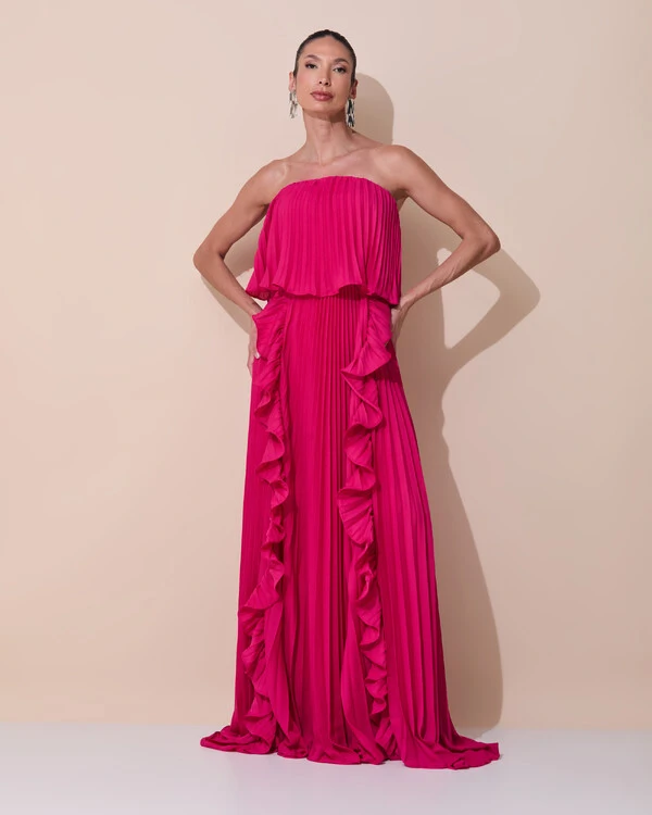 Vestido de Festa Longo Crepe Chiffon Tomara que Caia Plissado com Babado Cascata Pink Escuro