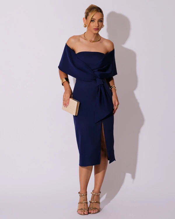 Vestido de Festa Midi Alfaiataria Azul Marinho