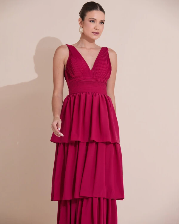 Vestido de Festa Longo Decote V Crepe Chiffon Plissado Camadas Babado Cereja