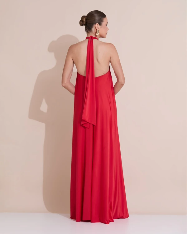 Vestido Longo com Amarração em Malha Vermelho Claro