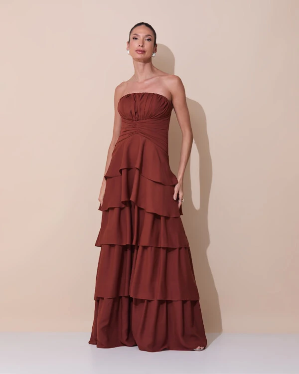 Vestido de Festa Longo Tomara que Caia Drapeado Crepe Chiffon Babados Camadas Marrom New