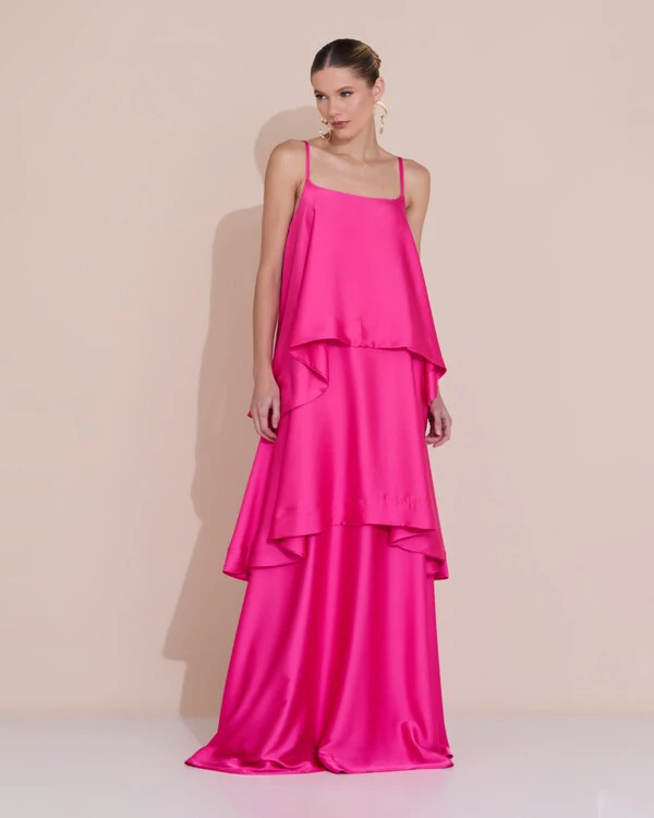 Vestido de Festa Longo Decote Reto Alças Finas Cetim Camadas Pink