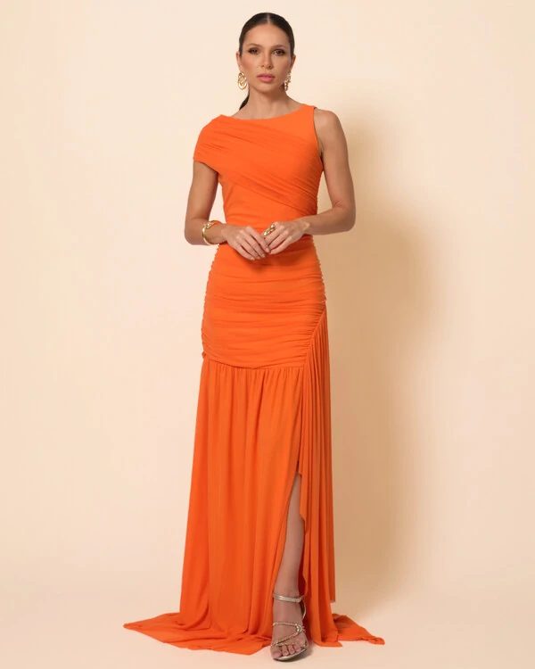 Vestido de Festa Longo Tule Faixa Detalhe Drapeado Laranja