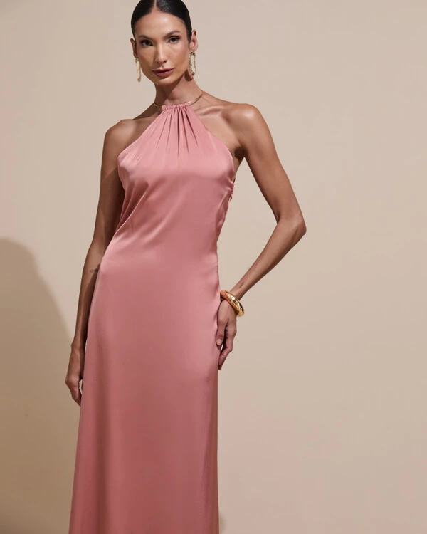 Vestido de Festa Longo Cetim Fluido com Argola Frente Única Rosa Blush