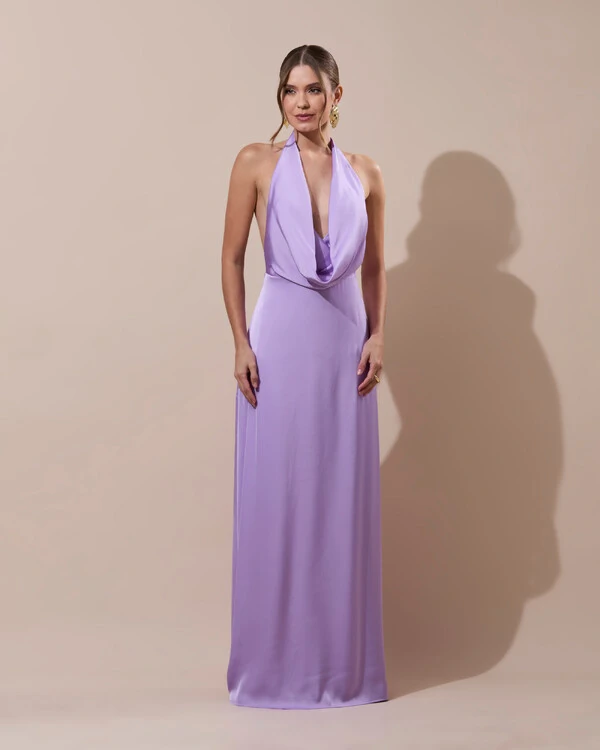 Vestido de Festa Longo Frente Única Degagê Cetim Fluido Lilás