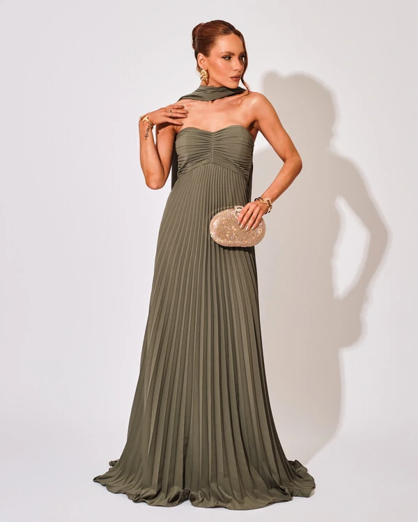 Vestido de Festa Longo Tomara que Caia Plissado com Lenço Verde Oliva