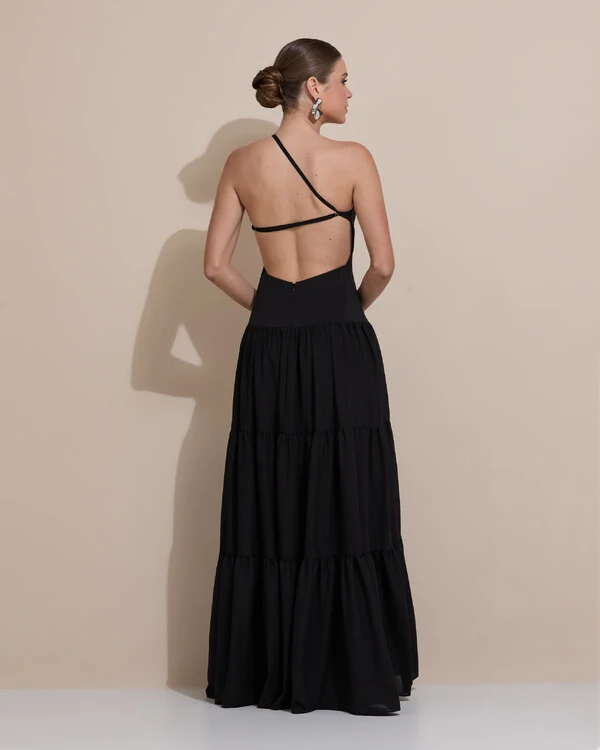 Vestido de Festa Longo Um ombro Só Crepe Chiffon Saia Fluida Preto