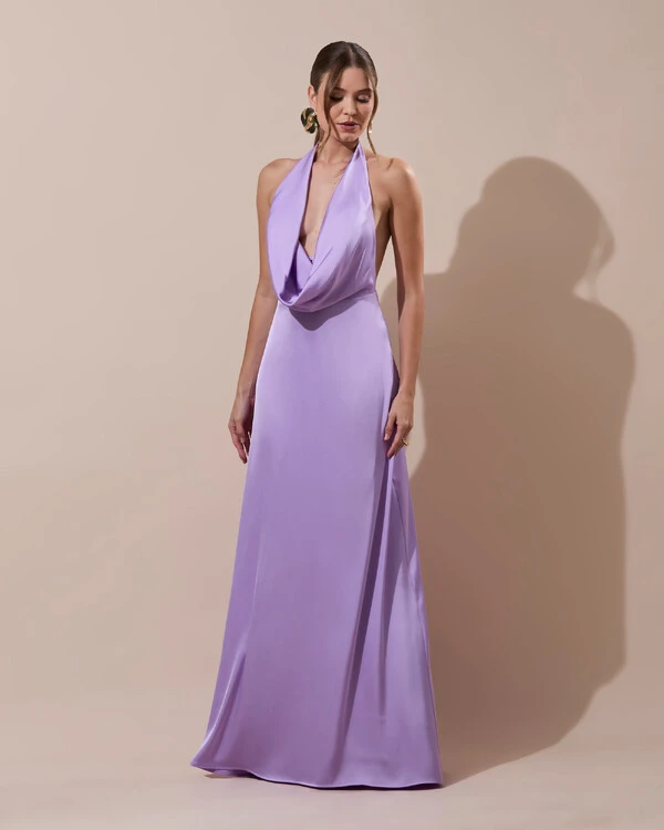 Vestido de Festa Longo Frente Única Degagê Cetim Fluido Lilás
