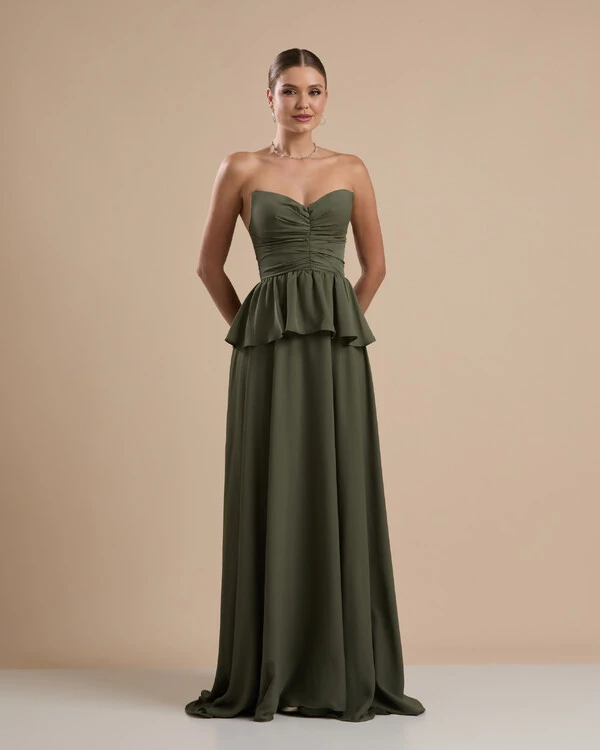 Vestido de Festa Longo Crepe Chiffon Tomara que Caia Peplum Drapeado Verde Oliva