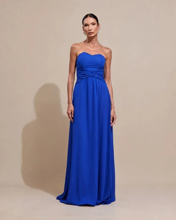 Vestido de Festa Longo Tomara Que Caia Crepe Chiffon Drapeado Capa Azul Royal
