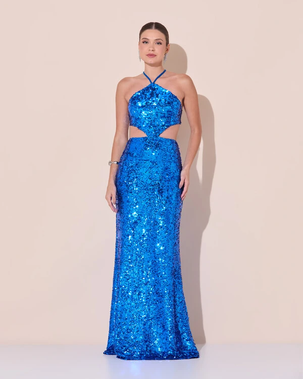 Vestido de Festa Longo Frente Única Paetê Recortes Costas Trançada Azul Royal