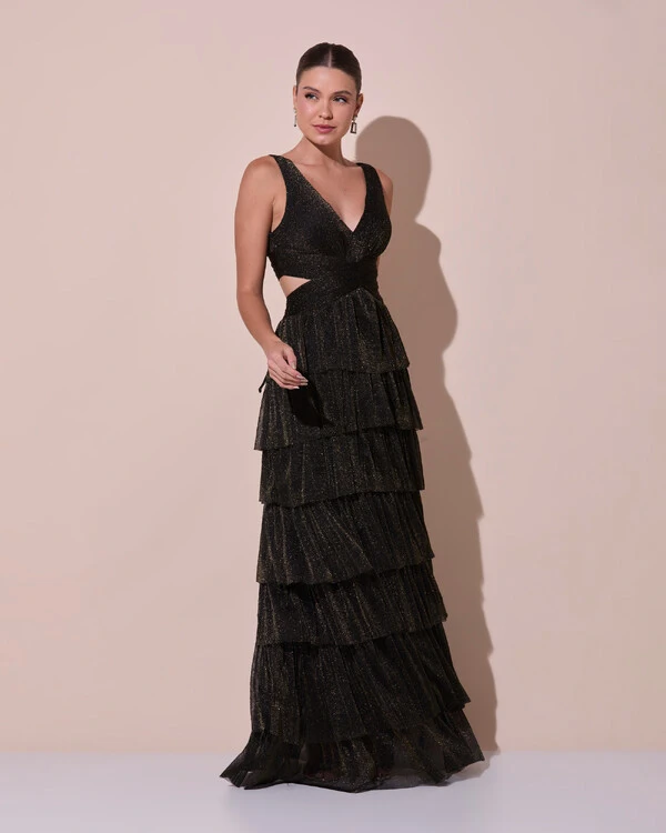 Vestido De Festa Longo Decote V Tule Brilho Recortes Camadas Preto