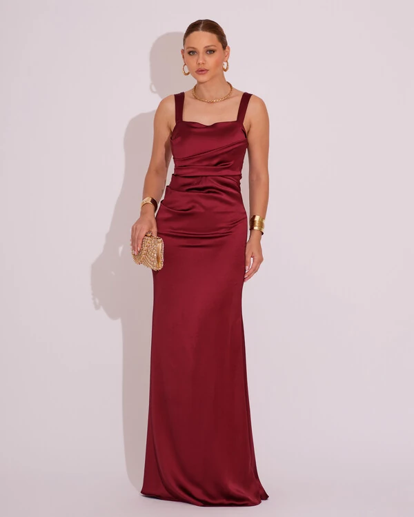 Vestido Longo de Festa Cetim Alfaiataria Drapeado Sereia Marsala