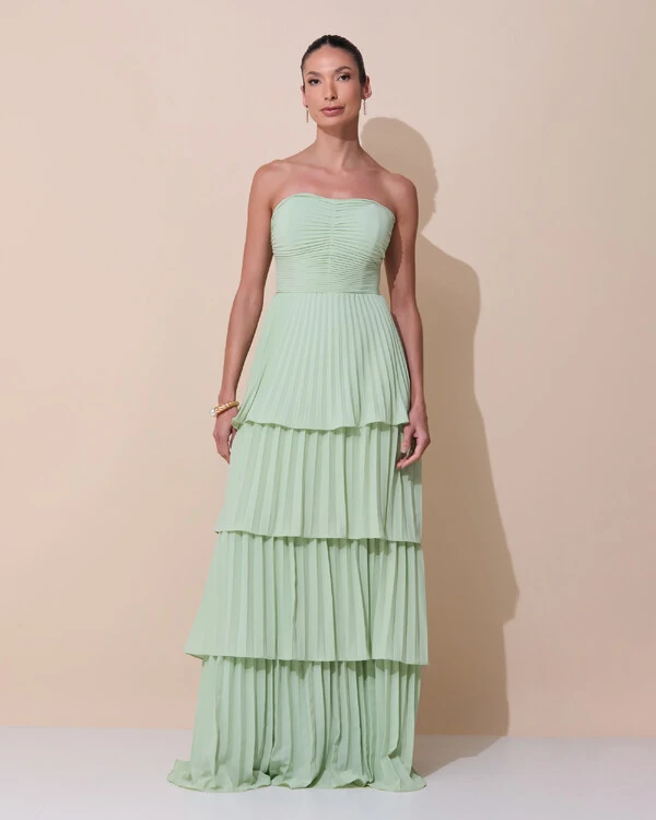 Vestido de Festa Longo Tomara que Caia Crepe Chiffon Plissado Camadas Verde Menta New