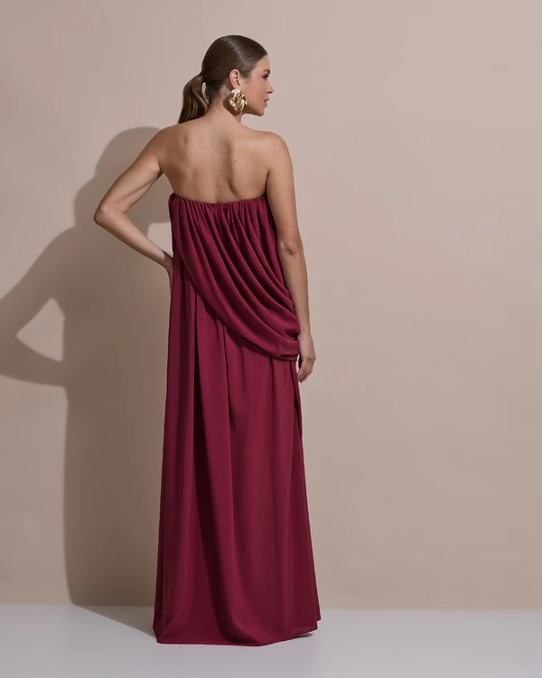 Vestido de Festa Longo Tomara Que Caia Crepe Chiffon Drapeado Marsala New
