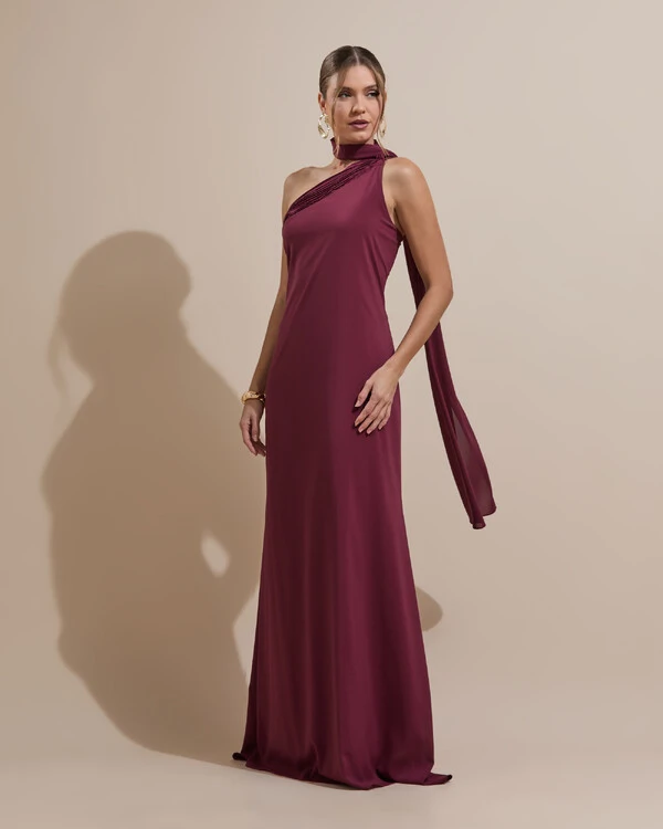 Vestido de Festa Longo Crepe Chiffon Um Ombro Só Drapeado Marsala
