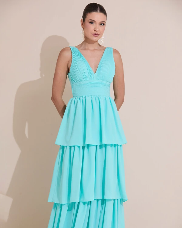 Vestido de Festa Longo Decote V Crepe Chiffon Plissado Camadas Babado Tiffany