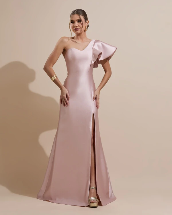 Vestido de Festa Longo um Ombro Tomara que Caia Zibeline Rosa Nude