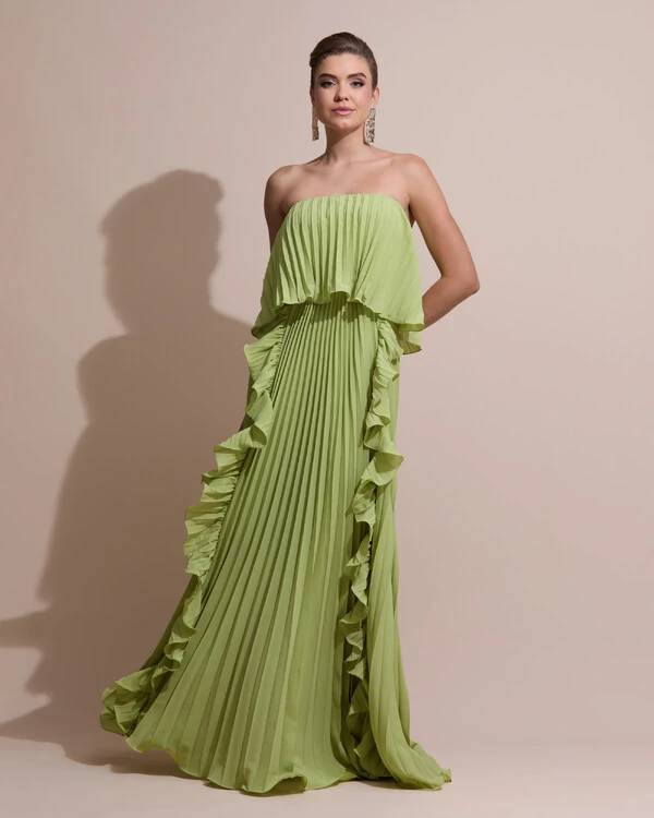 Vestido de Festa Longo Crepe Chiffon Tomara que Caia Plissado com Babado Cascata Verde Garden