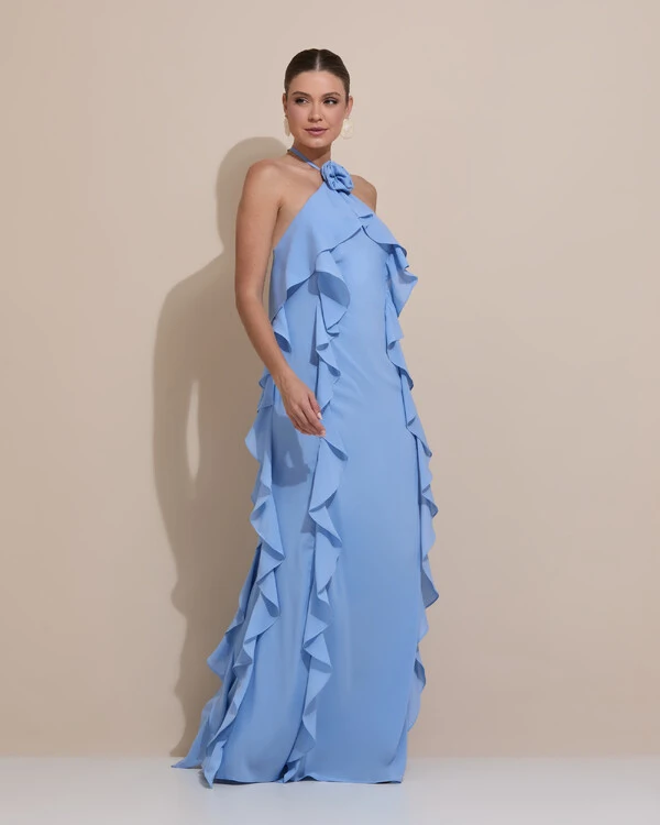 Vestido de Festa Longo Crepe Chiffon Frente Única Babados Cascata e Flor Azul Atlantis