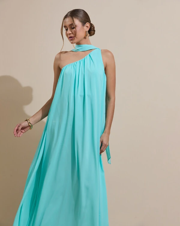 Vestido de Festa Longo Crepe Fluido um Ombro Só com Lenço Tiffany