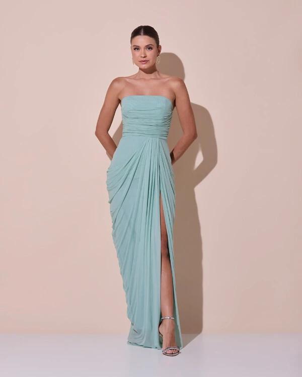 Vestido De Festa Longo Tomara que Caia Tule Drapeado Fenda Verde Menta