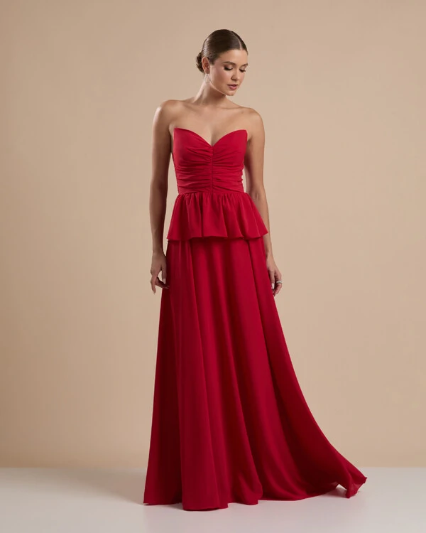 Vestido de Festa Longo Crepe Chiffon Tomara que Caia Peplum Drapeado Vermelho
