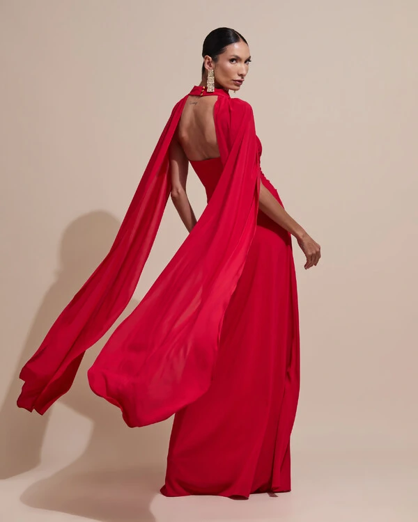 Vestido de Festa Longo Tomara Que Caia Crepe Chiffon Drapeado Capa Vermelho