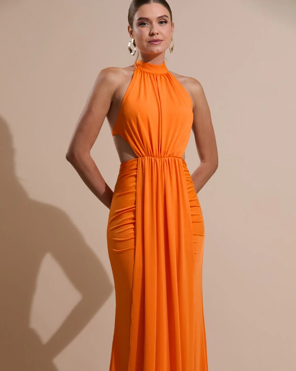 Vestido de Festa Longo Malha Jersey Gola Alta Saia Sereia Laranja