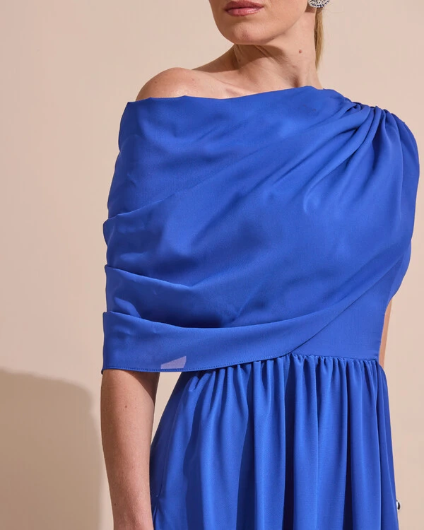 Vestido de Festa Longo Um Ombro Só Crepe Chiffon Capa Drapeado Azul Royal