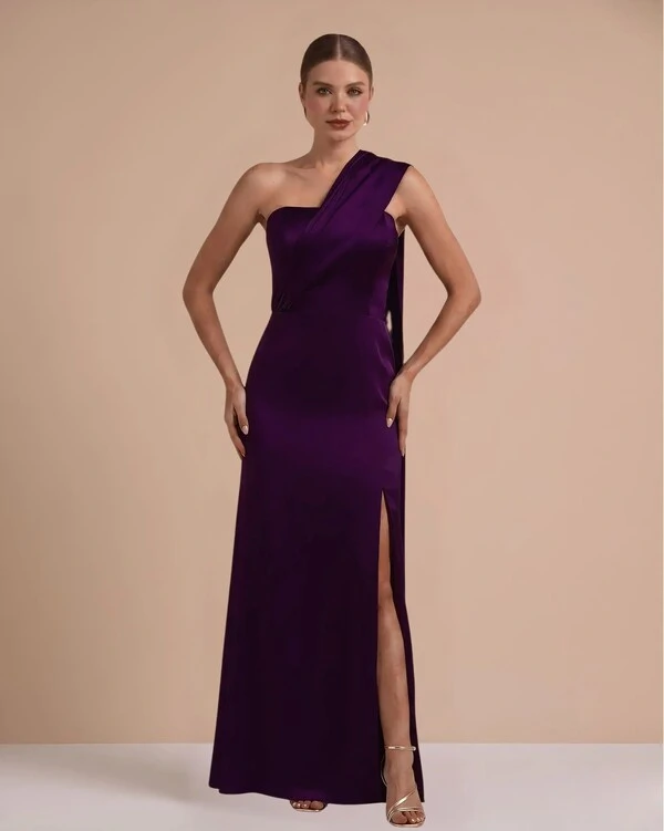 Vestido de Festa Longo Cetim Alfaiataria Tomara que Caia com Faixa Lenço Roxo