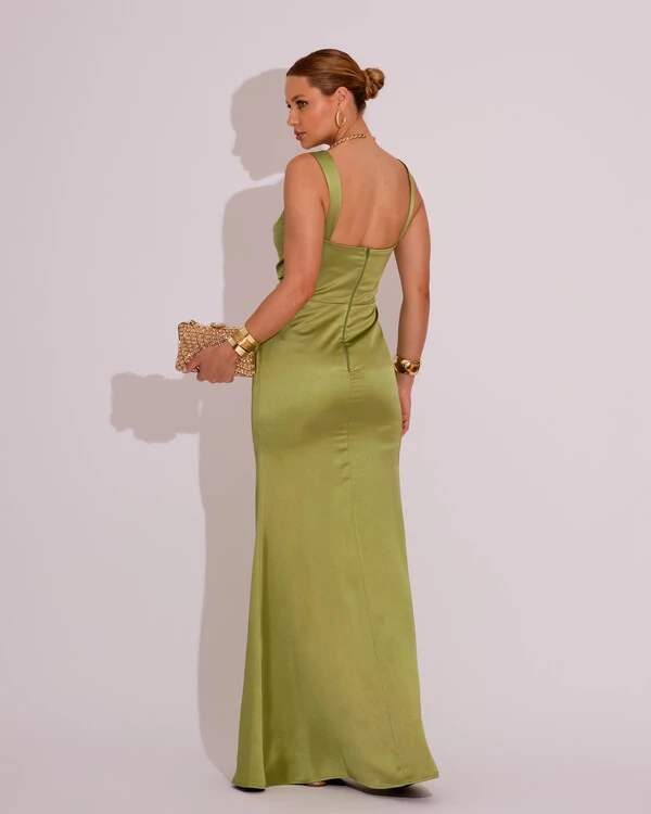 Vestido Longo de Festa Cetim Alfaiataria Drapeado Sereia Verde Lima