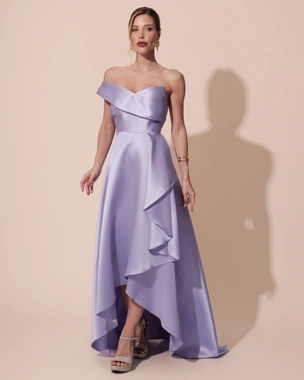 Vestido de Festa Longo Zibeline um Ombro Só Mullet Lilás