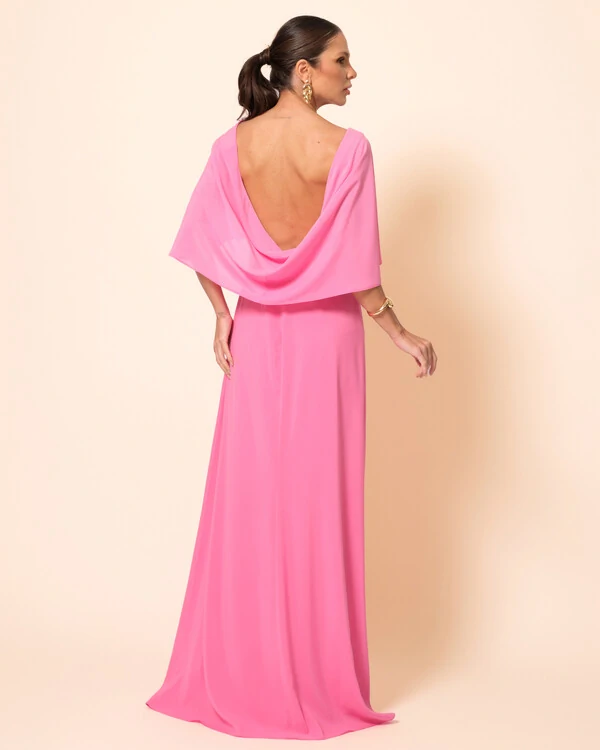 Vestido de Festa Longo Crepe Chiffon com Capa e Degagê nas Costas Rosa
