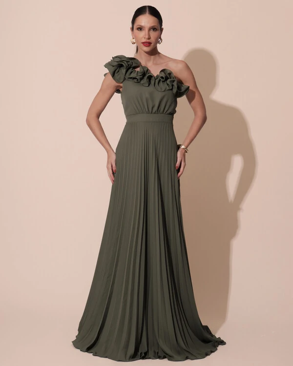 Vestido de Festa um Ombro Só Flor Saia Plissado Verde Oliva