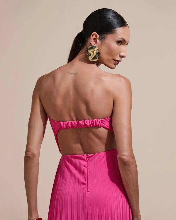 Vestido de Festa Longo Tomara que Caia Plissado Detalhe Pink New