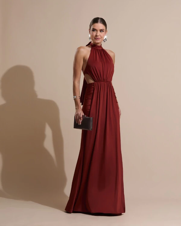 Vestido de Festa Longo Malha Jersey Gola Alta Saia Sereia Terracota
