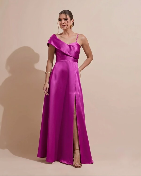 Vestido de Festa Longo Zibeline Ombro a Ombro com Fenda Fúcsia