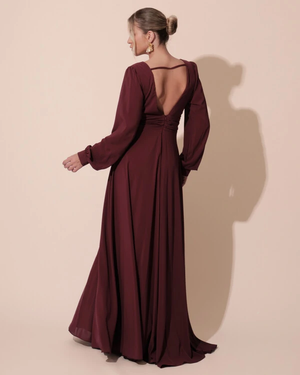 Vestido de Festa Manga Longa com Cintura Drapeada Decote V Marsala