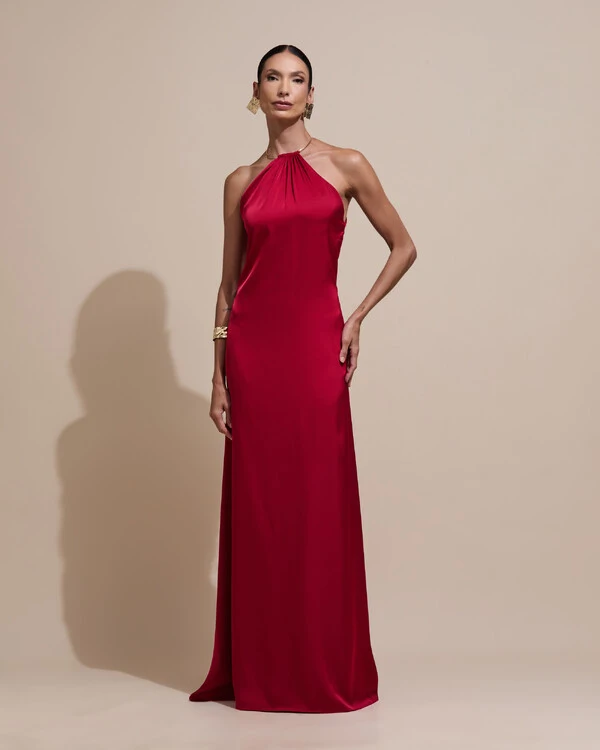 Vestido de Festa Longo Cetim Fluido com Argola Frente Única Marsala