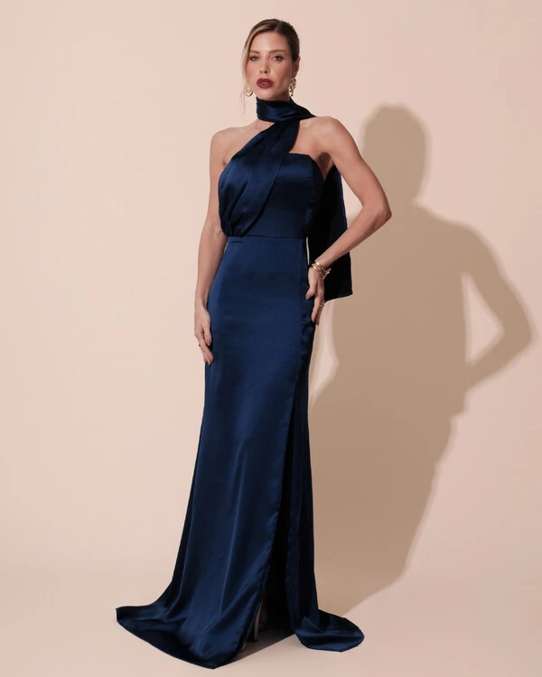 Vestido de Festa Longo Cetim Alfaiataria Tomara que Caia com Faixa Lenço Azul Marinho