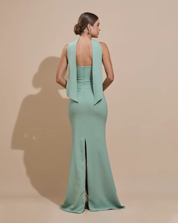 Vestido de Festa Longo Alfaiataria Tomara que Caia Saia Sereia com Lenço Verde Menta