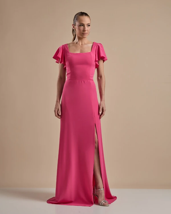 Vestido de Festa Longo Crepe Chiffon Manga Babado e Fenda Pink New
