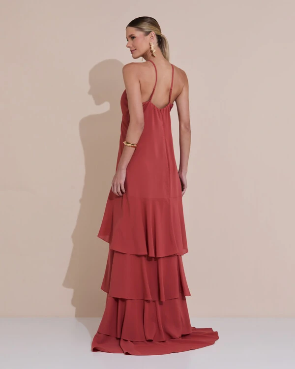 Vestido Longo Crepe com Babado em Camadas Terracota